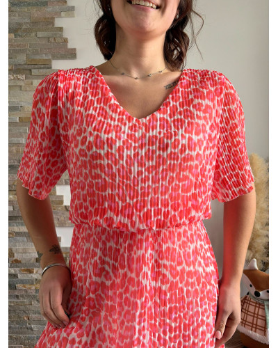 KARINE | Robe plissée léopard rose corail