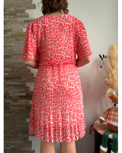 KARINE | Robe plissée léopard rose corail
