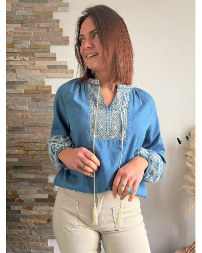 ABBY |Blouse denim brodée avec cordon