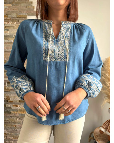 ABBY |Blouse denim brodée avec cordon