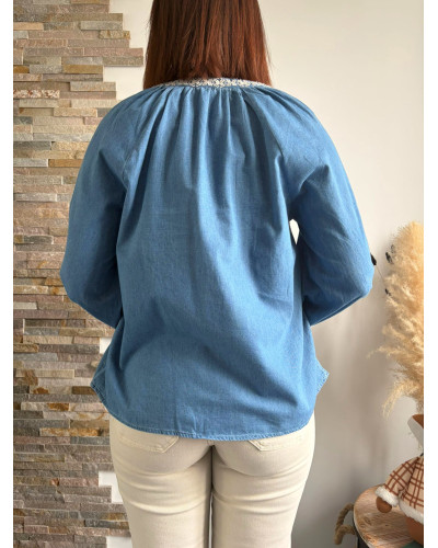 ABBY |Blouse denim brodée avec cordon