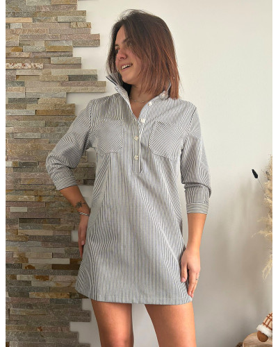 CHRISTINE | Robe droite jean à rayure col volant