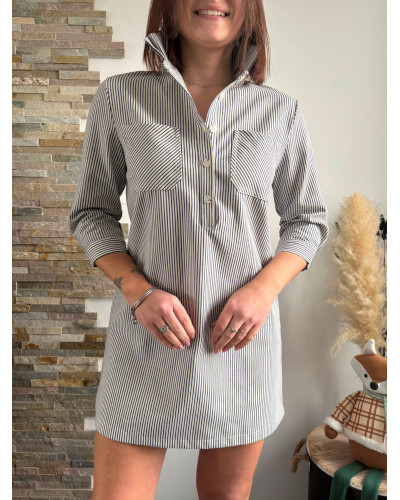 CHRISTINE | Robe droite jean à rayure col volant