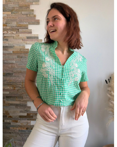 PAULETTE | Blouse vichy verte avec broderie