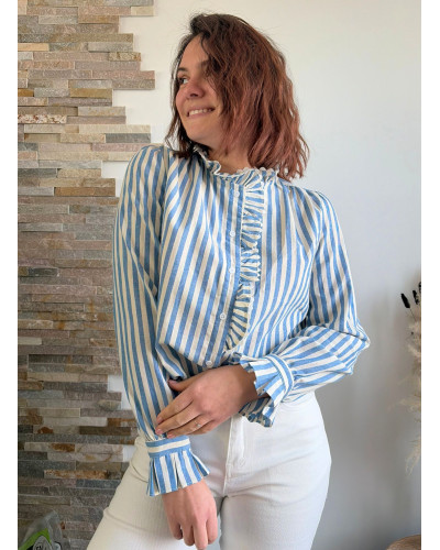 THEA | Chemise à rayures bleues col volant