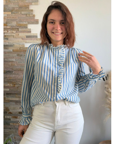 THEA | Chemise à rayures bleues col volant