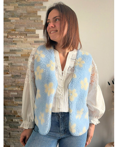ANTOINE | Gilet sherpa bleu ciel fleuri