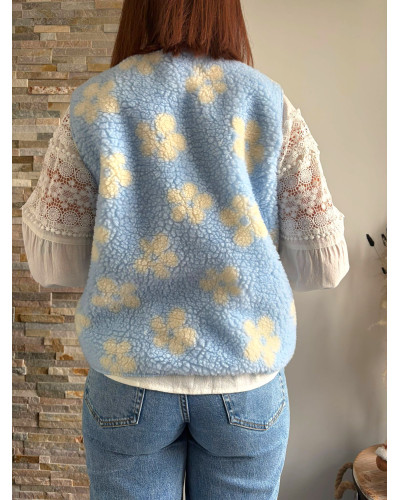 ANTOINE | Gilet sherpa bleu ciel fleuri