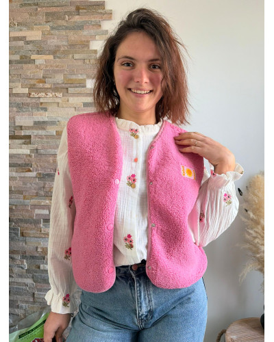 ISABELLE | Blouse blanche gaze de coton fleurs roses