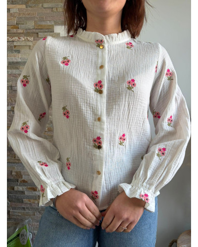 ISABELLE | Blouse blanche gaze de coton fleurs roses