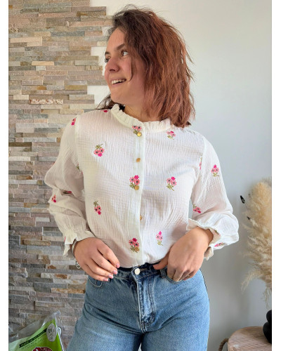 ISABELLE | Blouse blanche gaze de coton fleurs roses