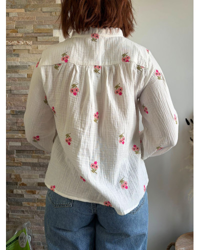 ISABELLE | Blouse blanche gaze de coton fleurs roses