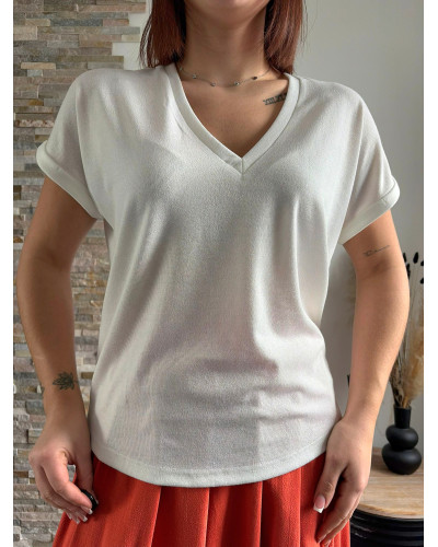 RUBEN | Tee-shirt blanc col v légèrement irisé