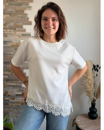 MANU | Tee-shirt blanc bas en dentelle