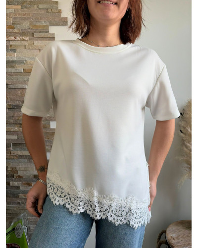 MANU | Tee-shirt blanc bas en dentelle