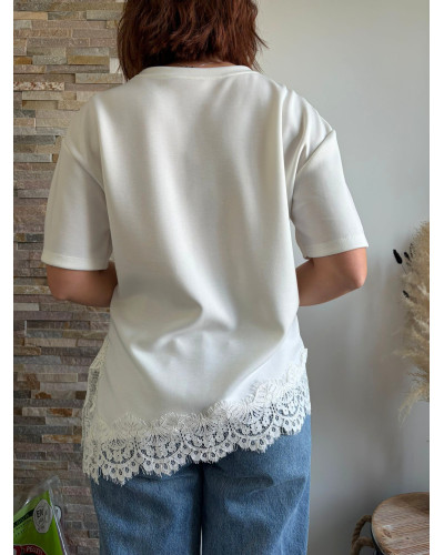 MANU | Tee-shirt blanc bas en dentelle