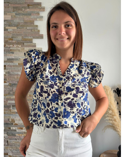 MINNIE | Blouse bleue sans manche volants sur les épaules