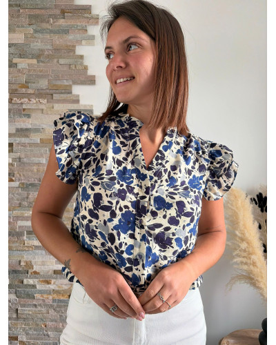 MINNIE | Blouse bleue sans manche volants sur les épaules