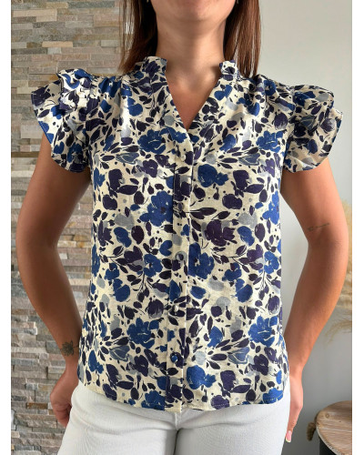 MINNIE | Blouse bleue sans manche volants sur les épaules