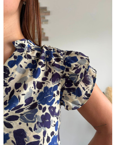 MINNIE | Blouse bleue sans manche volants sur les épaules