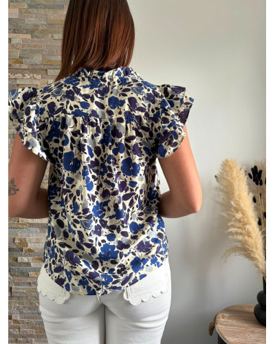 MINNIE | Blouse bleue sans manche volants sur les épaules