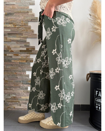 ERWAN | Pantalon fluide coupe large kaki à motifs