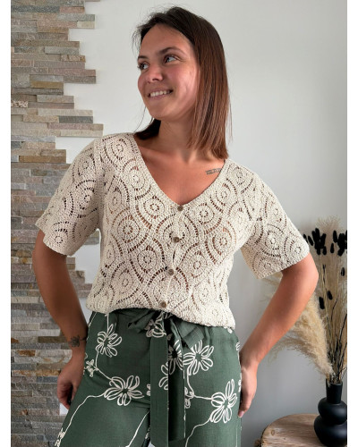 JOFFREY | Tee-shirt en crochet beige col v avec boutons