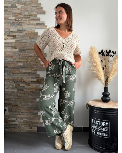 JOFFREY | Tee-shirt en crochet beige col v avec boutons