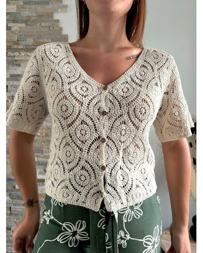 JOFFREY | Tee-shirt en crochet beige col v avec boutons