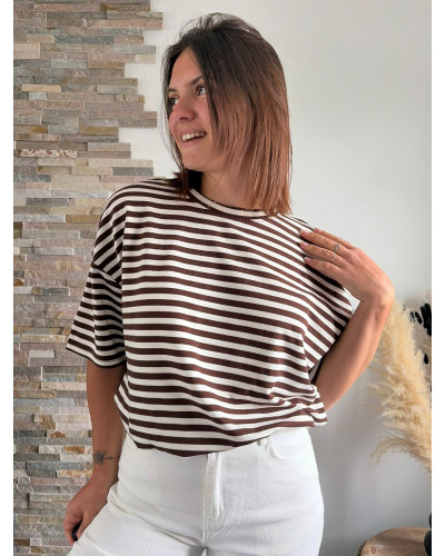 FABIO | Tee-shirt rayé marron et blanc