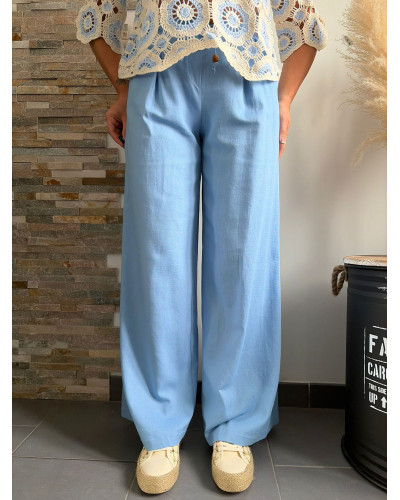 ARNAUD | Pantalon large lin bleu ciel élastique à la taille
