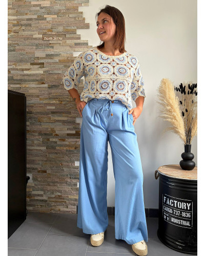 ARNAUD | Pantalon large lin bleu ciel élastique à la taille