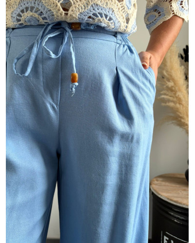 ARNAUD | Pantalon large lin bleu ciel élastique à la taille