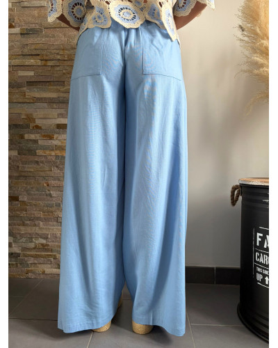 ARNAUD | Pantalon large lin bleu ciel élastique à la taille