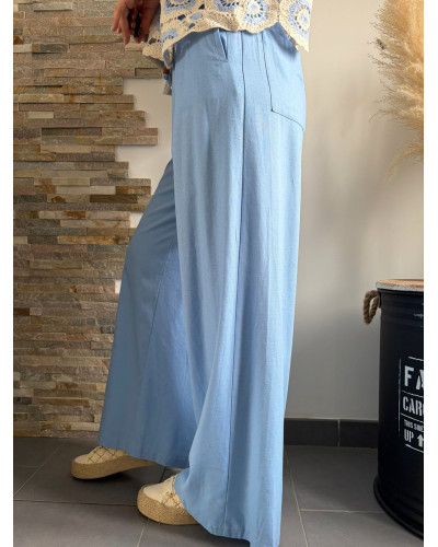 ARNAUD | Pantalon large lin bleu ciel élastique à la taille