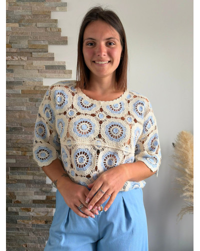 CHRISTOPHE | Tee-shirt en crochet manche 3/4 bleu et écru