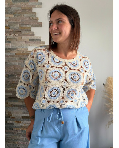 CHRISTOPHE | Tee-shirt en crochet manche 3/4 bleu et écru