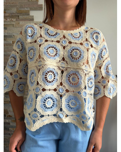 CHRISTOPHE | Tee-shirt en crochet manche 3/4 bleu et écru