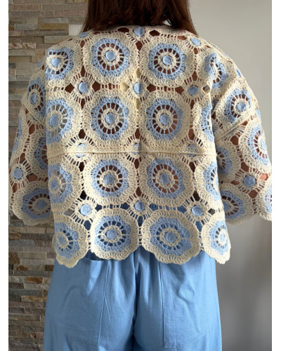 CHRISTOPHE | Tee-shirt en crochet manche 3/4 bleu et écru