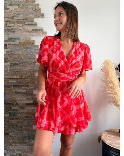 CLARISSE | Robe rouge motif rose manche courte