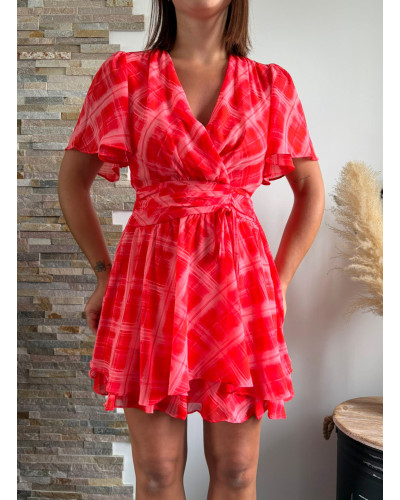 CLARISSE | Robe rouge motif rose manche courte