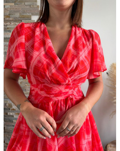 CLARISSE | Robe rouge motif rose manche courte