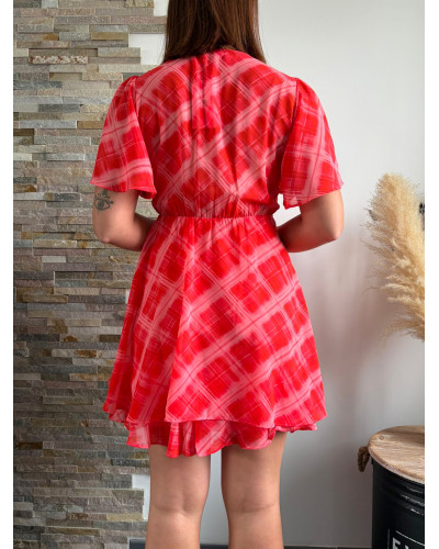 CLARISSE | Robe rouge motif rose manche courte