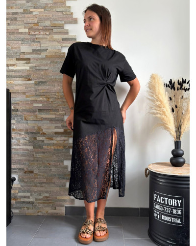 DALIA | Robe longue tee-shirt noir bas en dentelle