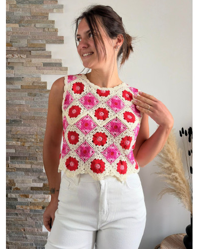 FLAVIEN | Top macramé rose et rouge