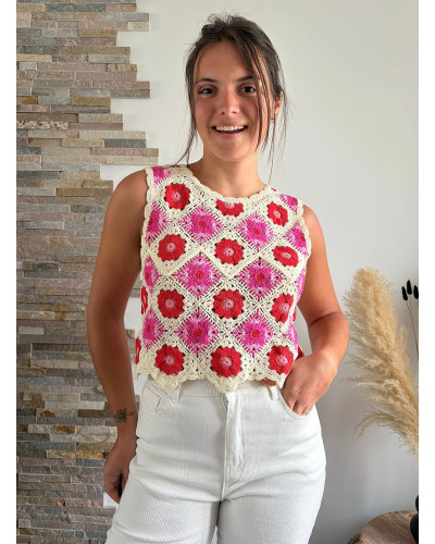 FLAVIEN | Top macramé rose et rouge