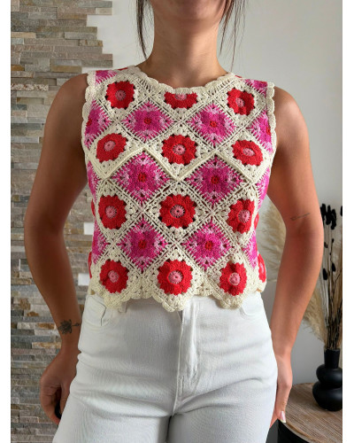FLAVIEN | Top macramé rose et rouge