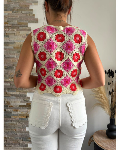 FLAVIEN | Top macramé rose et rouge